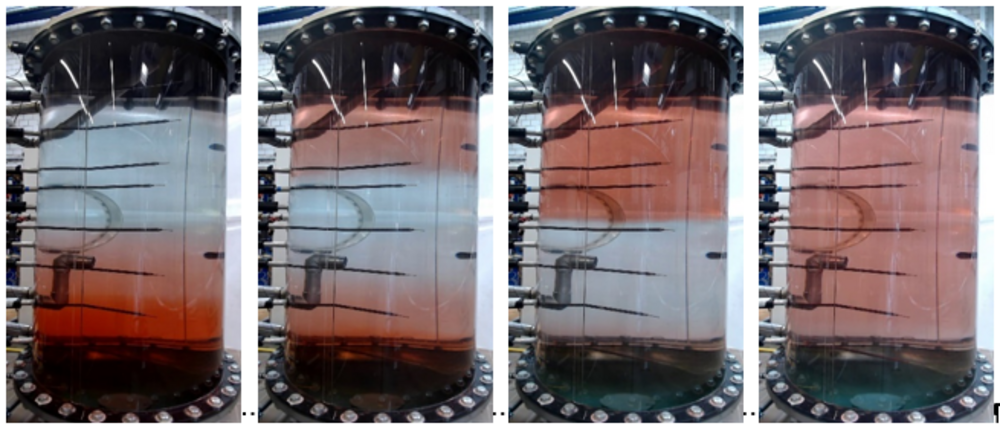 Abb. 3: Visualisierte Wassererwärmung mit Schichtladung beim transparenten Speicher; Einschichten von oben nach unten.